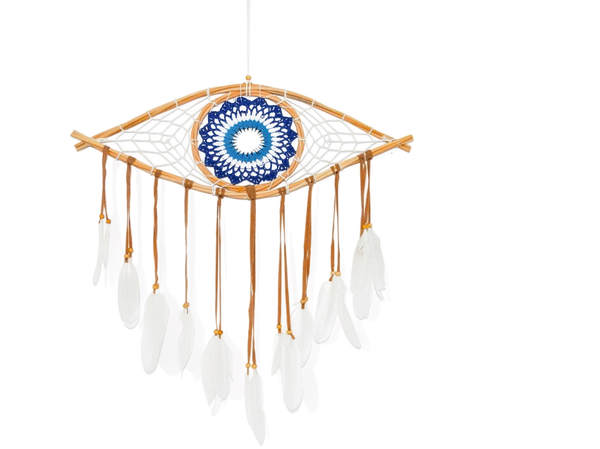 An evil eye wall hanging with feather tassels — background removed by Remove.bg