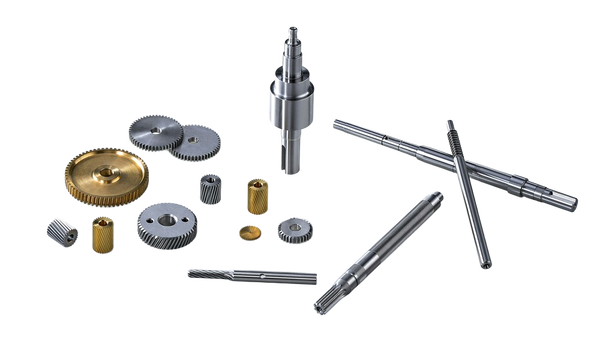 Shafts, gears and washers laid out on a blue surface — background removed by Erase.bg