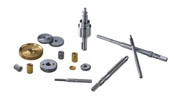 Shafts, gears and washers laid out on a blue surface — background removed by GoStudio.ai (Free)