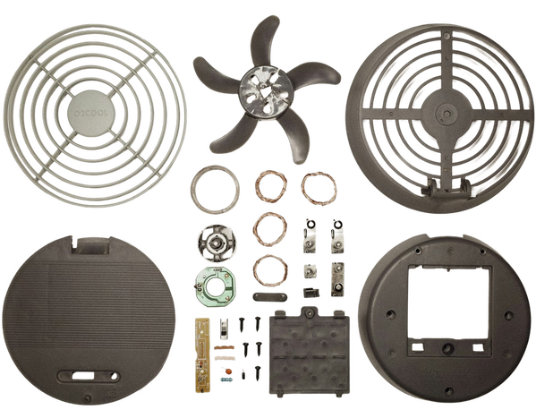 A fan assembly laid out as separate components — background removed by iLoveIMG