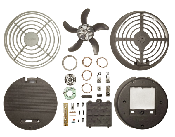 A fan assembly laid out as separate components — background removed by Erase.bg