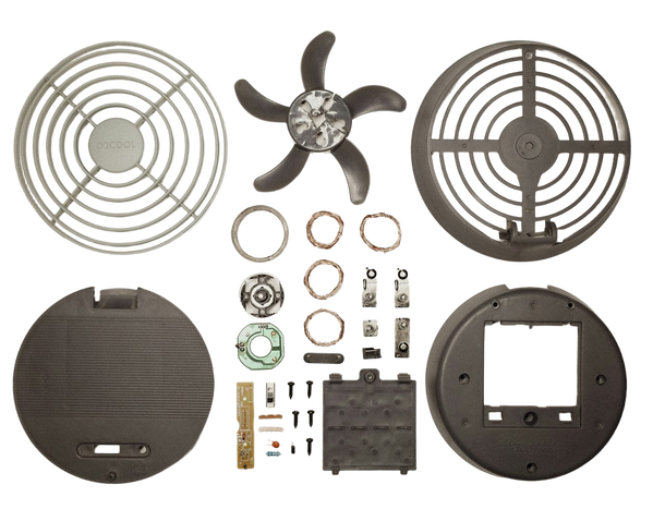 A fan assembly laid out as separate components — background removed by Photoroom