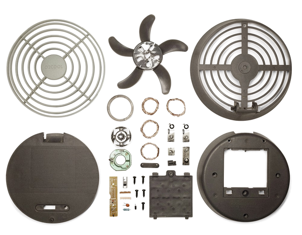 A fan assembly laid out as separate components — background removed by Remove.bg