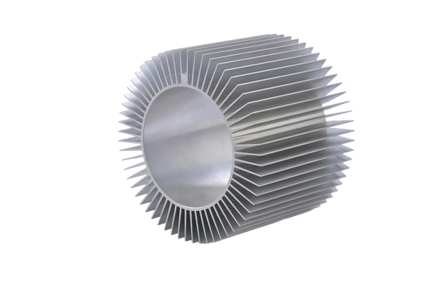 A finned aluminium heat sink — background removed by Photoroom