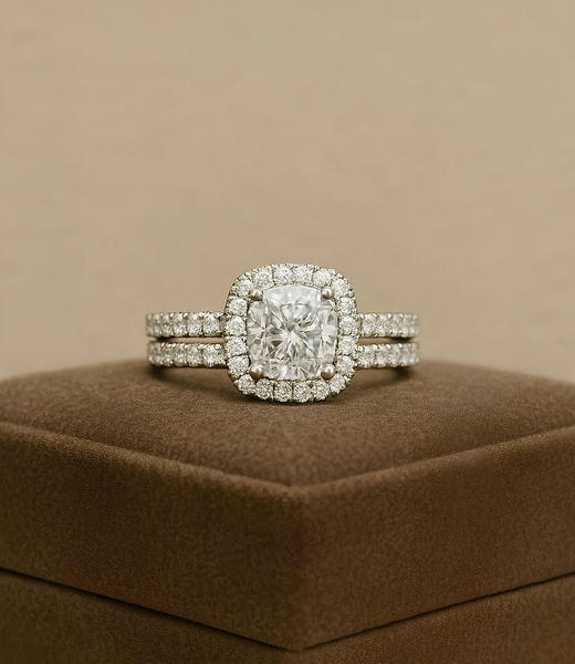 A diamond ring on a brown suede box