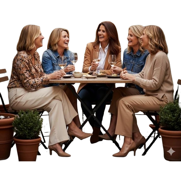 Five women laughing around a table on a cafe terrace — background removed by iLoveIMG