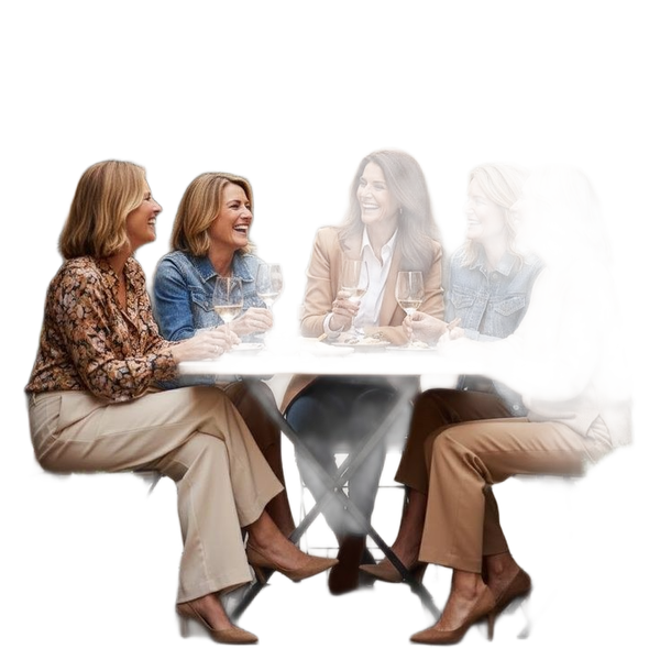 Five women laughing around a table on a cafe terrace — background removed by Erase.bg