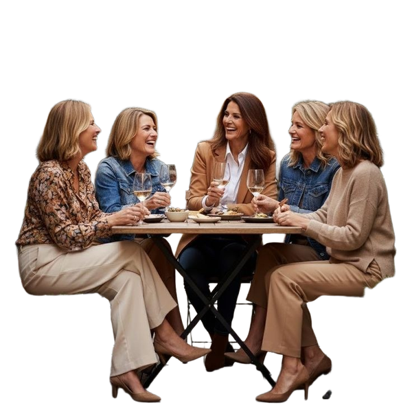 Five women laughing around a table on a cafe terrace — background removed by Photoroom