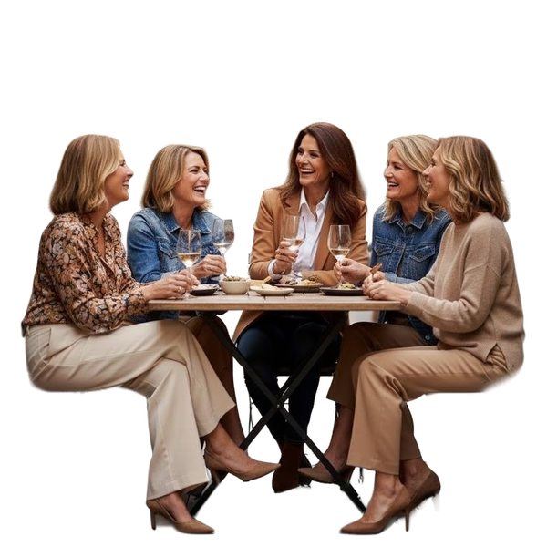 Five women laughing around a table on a cafe terrace — background removed by Remove.bg