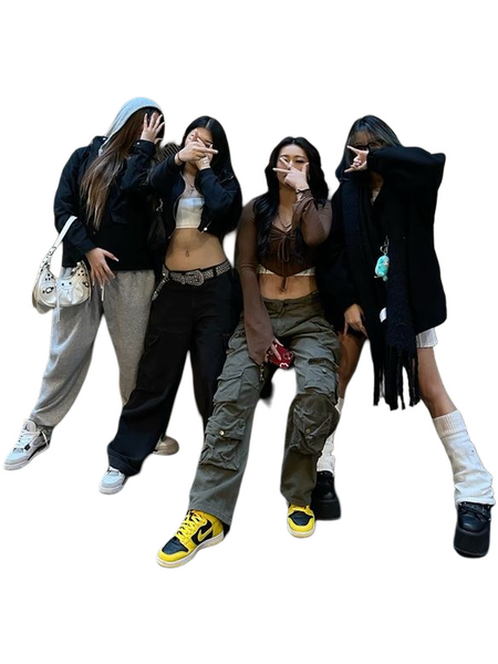 Four people in streetwear photographed against a wall — background removed by iLoveIMG