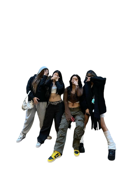 Four people in streetwear photographed against a wall — background removed by GoStudio.ai (Free)
