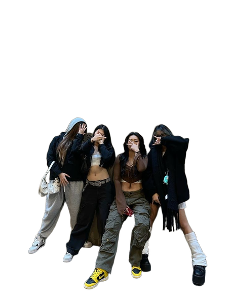 Four people in streetwear photographed against a wall — background removed by Photoroom