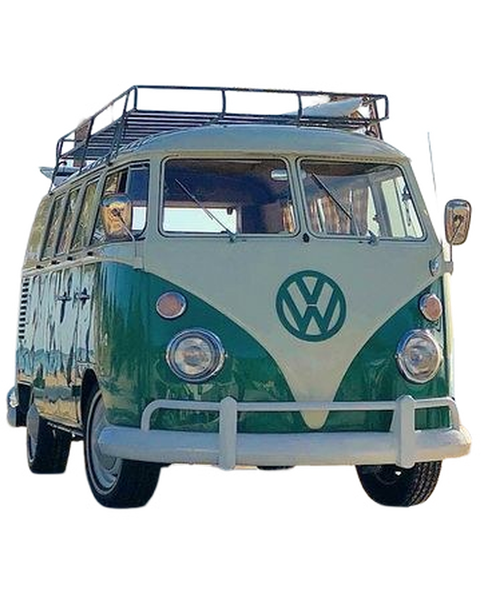 A green and white camper van parked on a beach under palm trees — background removed by iLoveIMG