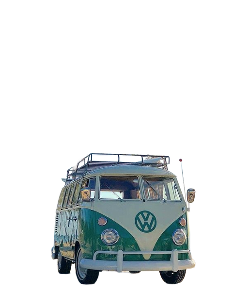A green and white camper van parked on a beach under palm trees — background removed by Erase.bg