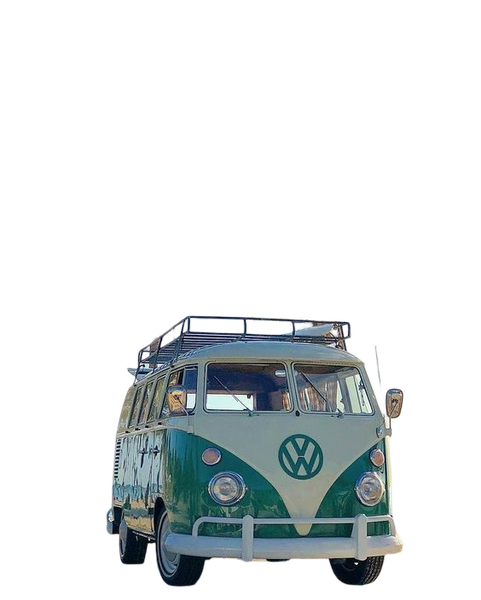 A green and white camper van parked on a beach under palm trees — background removed by GoStudio.ai (Free)