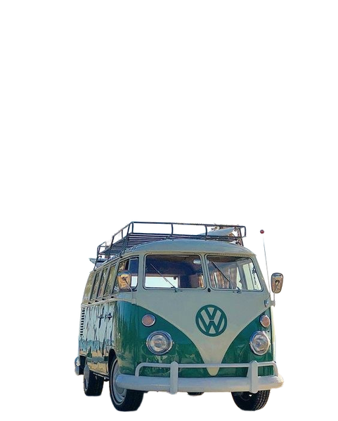 A green and white camper van parked on a beach under palm trees — background removed by Photoroom