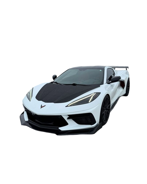 A white sports car with a carbon bonnet on a rooftop car park — background removed by GoStudio.ai (Free)
