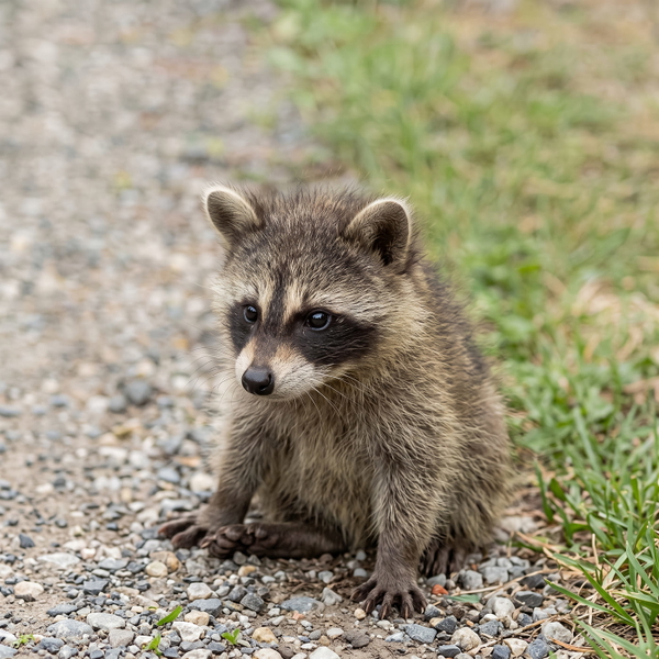 Raccoon on grass, photographed at very low resolution — upscaled by GoStudio Advanced