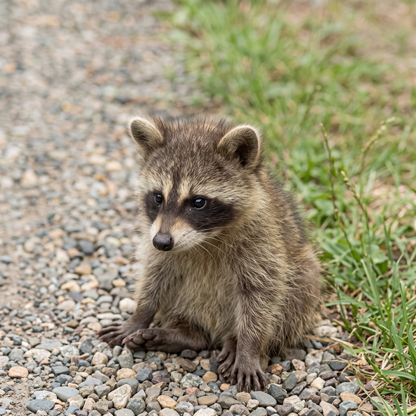 Raccoon on grass, photographed at very low resolution — upscaled by Nano Banana 2