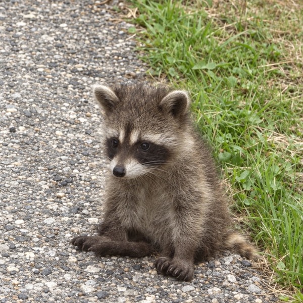 Raccoon on grass, photographed at very low resolution — upscaled by GPT Image 2.5
