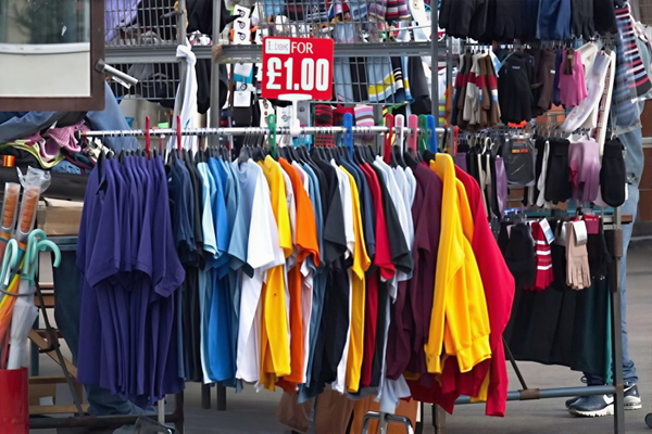 Market rail of T-shirts in bright colours under a £1.00 price sign — upscaled by GoStudio Lite