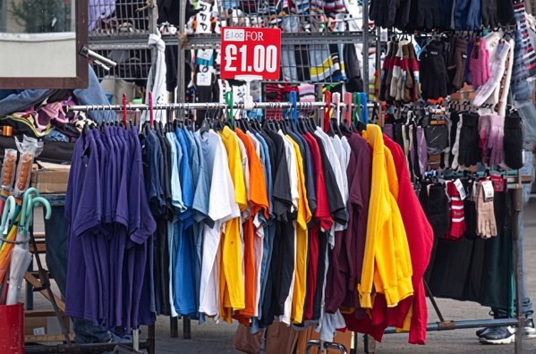 Market rail of T-shirts in bright colours under a £1.00 price sign — upscaled by Nano Banana 2