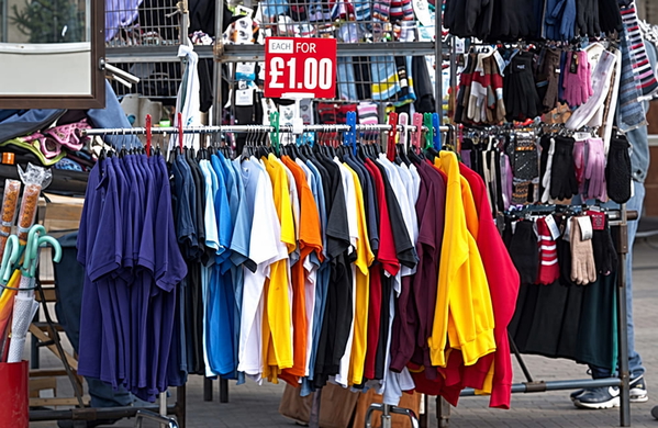 Market rail of T-shirts in bright colours under a £1.00 price sign — upscaled by GPT Image 2.5