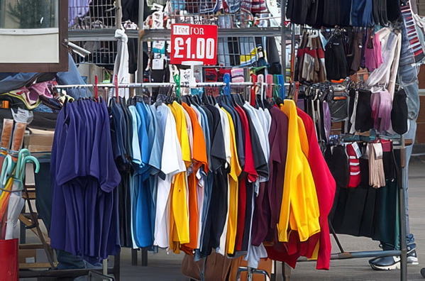 Market rail of T-shirts in bright colours under a £1.00 price sign — upscaled by GoStudio Pro