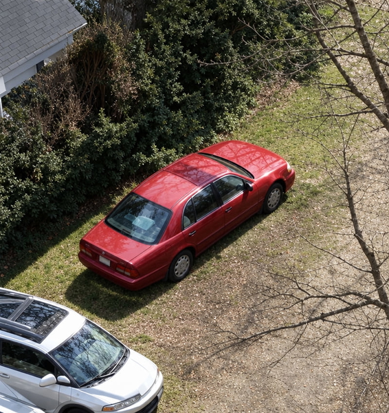 Aerial view of a red car on grass beside a road — upscaled by GPT Image 2.5