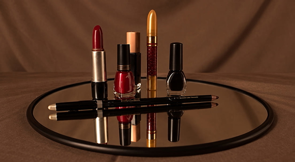Lipsticks and nail polish arranged on a round mirrored tray — upscaled by GPT Image 2.5