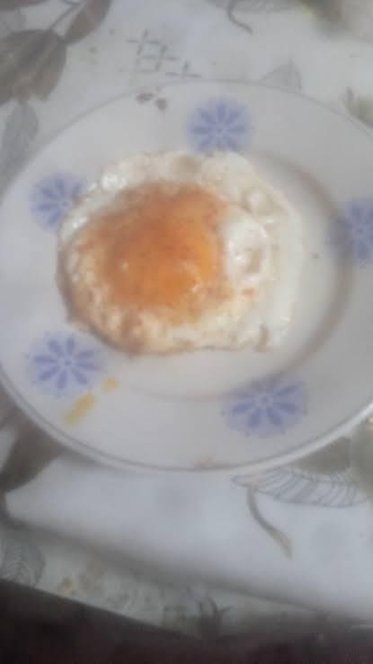 Fried egg on a white plate with a blue floral pattern