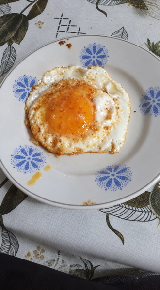 Fried egg on a white plate with a blue floral pattern — upscaled by GPT Image 2.5