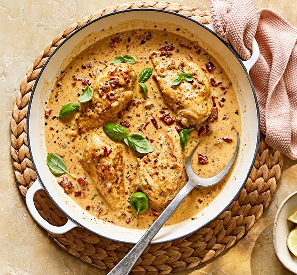 Chicken in a cream sauce in a white pan, garnished with basil, on a woven mat — upscaled by GPT Image 2.5