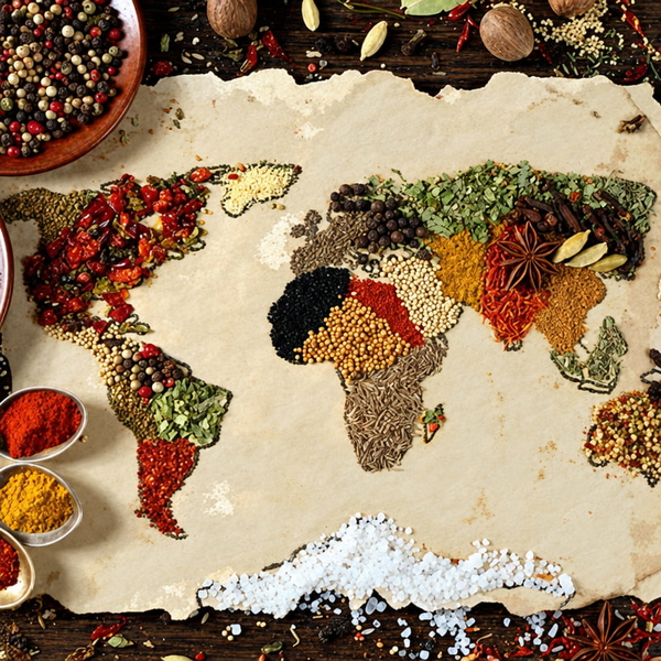 World map laid out in coloured spices and grains on a pale surface — upscaled by GPT Image 2.5