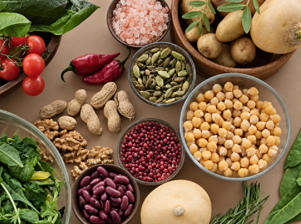 Overhead spread of pulses, nuts and vegetables in small bowls — upscaled by GPT Image 2.5