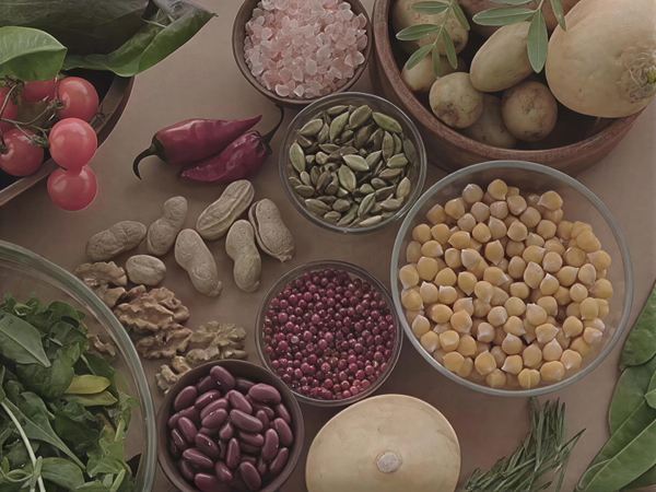 Overhead spread of pulses, nuts and vegetables in small bowls — upscaled by GoStudio Pro