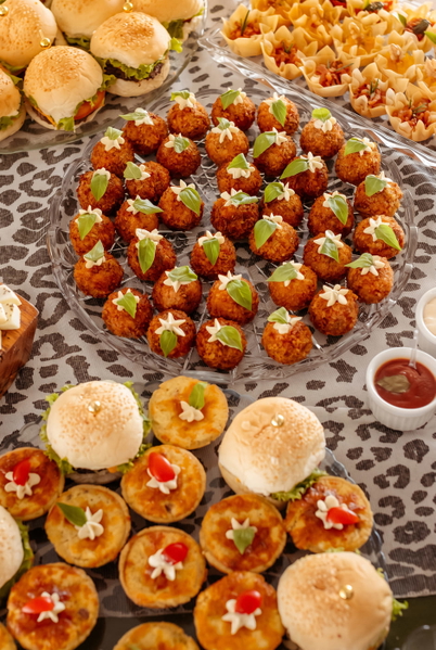Catering platter of canapés, tartlets and stuffed strawberries, at 17.26 MP — upscaled by GoStudio Advanced