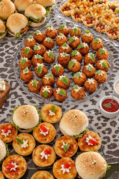 Catering platter of canapés, tartlets and stuffed strawberries, at 17.26 MP — upscaled by GPT Image 2.5