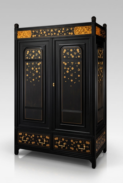 Black lacquered cabinet with gilt floral decoration on a grey studio backdrop — upscaled by GoStudio Advanced