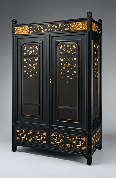 Black lacquered cabinet with gilt floral decoration on a grey studio backdrop — upscaled by GPT Image 2.5