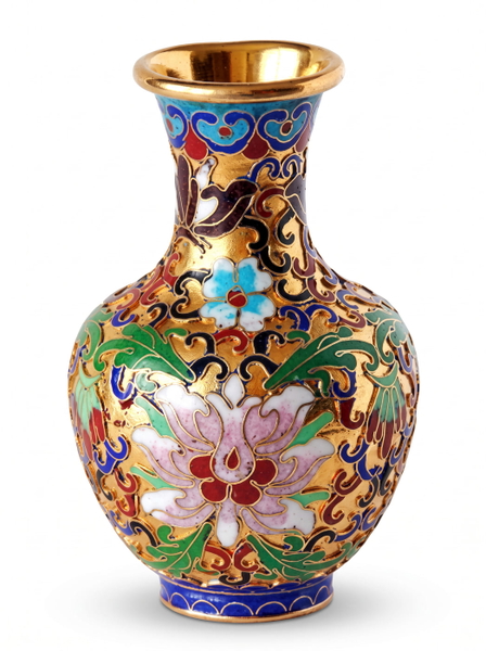 Cloisonné enamel vase with gold, blue and floral decoration on white — upscaled by GoStudio Advanced