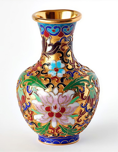 Cloisonné enamel vase with gold, blue and floral decoration on white — upscaled by GoStudio Lite