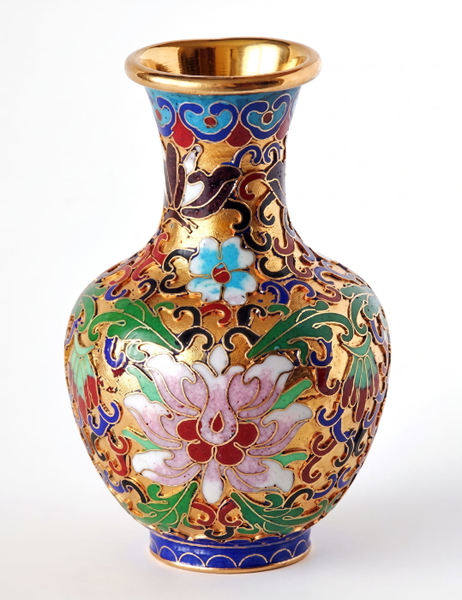 Cloisonné enamel vase with gold, blue and floral decoration on white — upscaled by Nano Banana 2