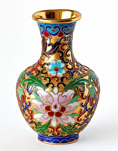 Cloisonné enamel vase with gold, blue and floral decoration on white — upscaled by GPT Image 2.5
