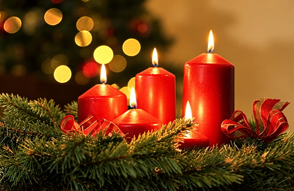 Red candles lit on a pine garland with bokeh lights behind — upscaled by GPT Image 2.5