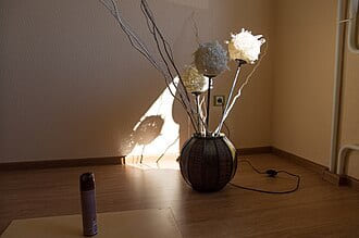 Vase of dried branches casting a shadow in a sunlit corner of a room