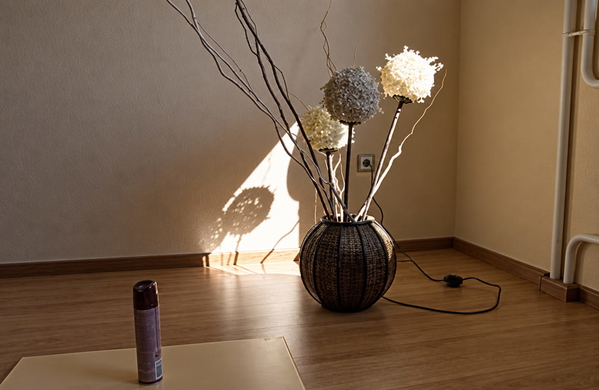 Vase of dried branches casting a shadow in a sunlit corner of a room — upscaled by GPT Image 2.5