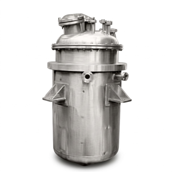 Stainless steel pressure vessel with a bolted flange and side brackets, on a white background — upscaled by GoStudio Advanced