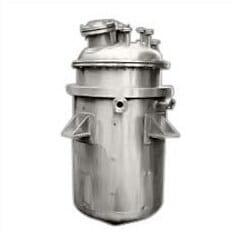 Stainless steel pressure vessel with a bolted flange and side brackets, on a white background