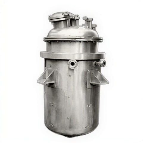 Stainless steel pressure vessel with a bolted flange and side brackets, on a white background — upscaled by GoStudio Lite